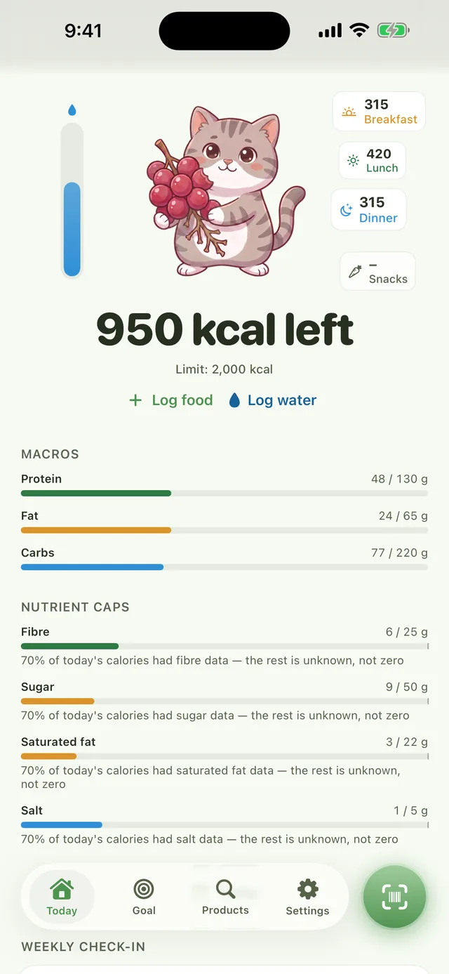 Nyamly today screen showing logged meals